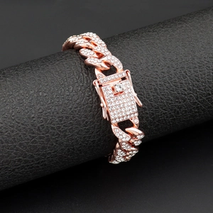 Bracciale Cuban Link hip hop da uomo in oro rosa con strass scintillanti stile Iced Out