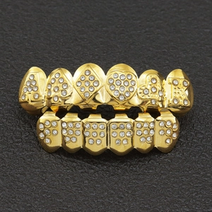 18K gold plated hip hop grillz set with poker card symbols and white rhinestones