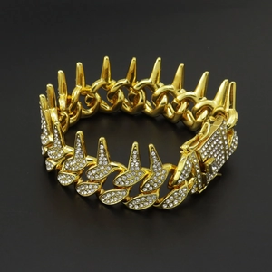 Men Hip Hop Spiked Cuban Link Bracelet Alloy Rhinestone Iced Out Punk Rock Jewelry Gold Silver Wristband Party Style