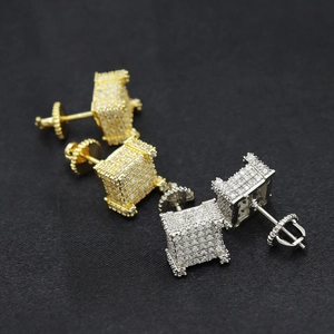 Square hip hop earrings in gold and silver finish with iced out micro pave settings