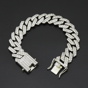 Bracelet cubain argenté de 18 mm avec diamants en strass et style hip hop glacé