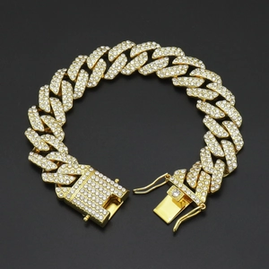 Bracelet Homme Hip Hop Maille Cubaine Luxe Alliage Strass Or Et Argent Bracelet Large Chaîne Pour Bijoux Hommes