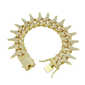 Hip hop gold Cuban link bracelet with full diamond inlay and spiked punk design for men