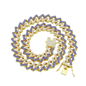 Collana cubana hip hop 15mm con strass bianchi e blu alternati in metallo dorato