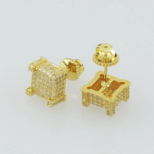 Hip-hop style square gold stud earrings for men and women with micro pave cubic zirconia