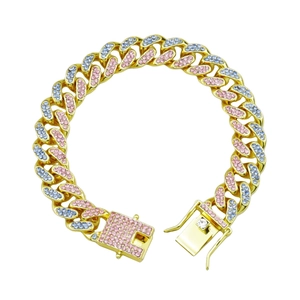Bracelet Cuban Link 12mm hip hop avec strass multicolores et finition dorée