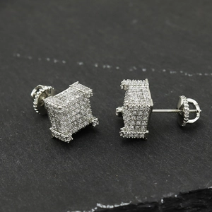 Square hip hop iced out stud earrings with micro paved cubic zirconia in 925 silver