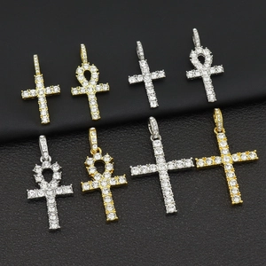 Hip Hop Ankh Cross Pendant Necklace For Men Women Alloy Rhinestone Inlaid Gold Silver Cuban Rope Chain Fashion Jewelry