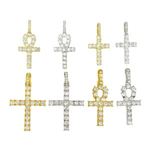 Hip hop iced out Ankh and classic cross pendants in gold and silver plating set