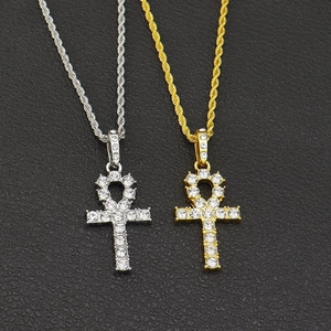 Hip hop Ankh cross pendant necklaces in gold and silver finish with crystal stones