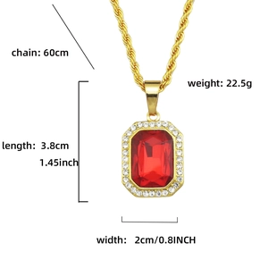 Detailed size view of hip hop square red stone pendant with 60cm gold rope chain
