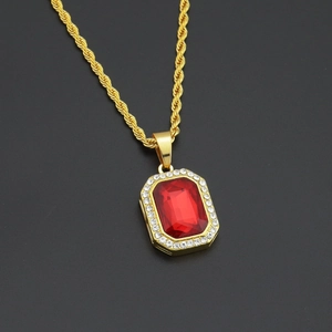 Hip hop style gold twist chain necklace with square red stone pendant and micro diamonds