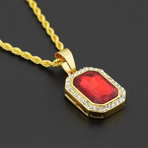 Hip hop necklace featuring a red octagonal gemstone pendant with gold twist chain
