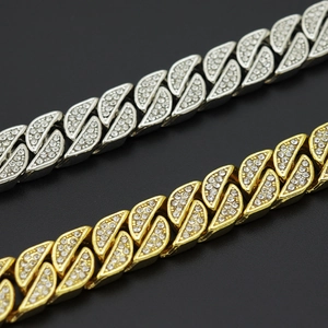Hip hop style gold and silver Cuban chain bracelets with iced out leaf shaped rhinestones