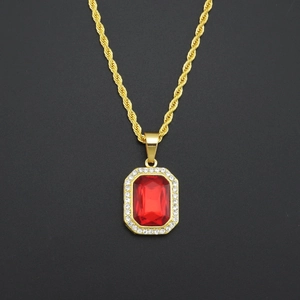 Hip Hop Men Red Stone Pendant Necklace Gold Rope Chain Iced Out Square Zirconia Rhinestone Streetwear Jewelry Accessory