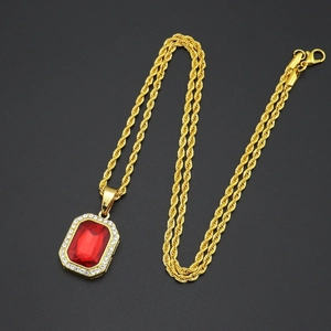 Hip hop style gold rope chain necklace with a square red gemstone pendant and white crystals