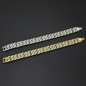 Chunky iced out Cuban link bracelet with diamond leaf design in gold and silver finish
