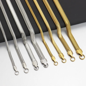 Detailed comparison of gold and silver flat snake chains in various widths and finishes
