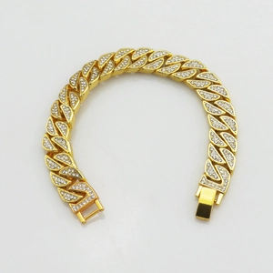 Hip hop gold Cuban link bracelet with sparkling rhinestones and a square box clasp