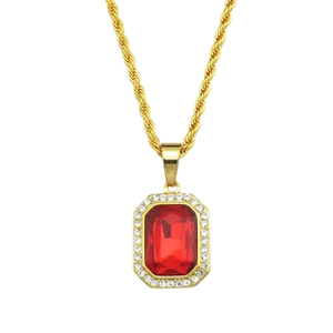 Hip hop style gold twist chain with rectangle red ruby pendant and diamond halo