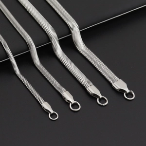 Sleek silver stainless steel flat snake chain necklaces in four different widths