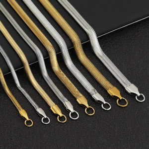 Flat herringbone chain set in gold and silver colors showing various widths in detail