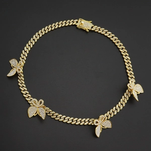 Collier Chaîne à Mailles Cubaines Hip Hop en Alliage Avec Pendentif Papillon et Strass pour Femme Bijoux de Mode Iced Out