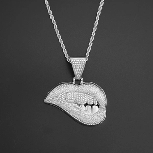 Detail van de zilveren touwketting en de met strassteentjes ingelegde lippenhanger