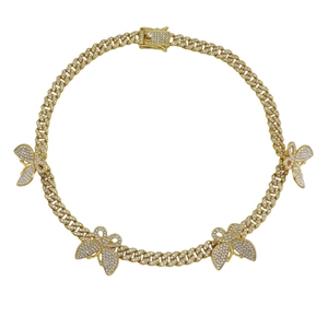 Collier chaîne cubaine 8mm or style hip hop avec quatre pendentifs papillon en cristal
