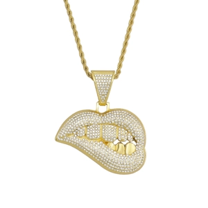 Hip-hop gouden lippen hanger ketting met zirkonia pavé en klassieke touwketting