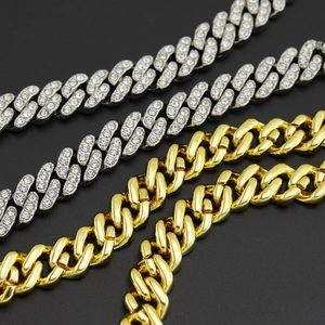 Hip-Hop 9mm Gliederketten in Gold poliert und Silber mit Kristallbesatz für Damen Herren
