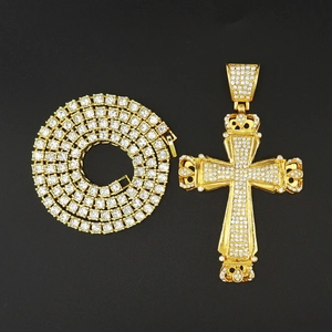 Hip Hop Luxe Goud Legering Kruis Hanger Halsketting Met Strass Ingelegd Kroon Ontwerp Mode Sieraden Voor Heren Dames Dagelijks Feest Accessoire