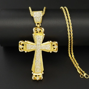 Klassieke hiphop vergulde kruishanger ketting met witte kristallen en touwketting