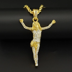 Collier Pendentif Croix de Jésus avec Strass Alliage Plaqué Or Crucifix Chaîne de Corde Chaîne Gourmette Bijoux Religieux