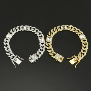 Pulsera cubana de hip hop en oro y plata con cristales cuadrados de corte esmeralda