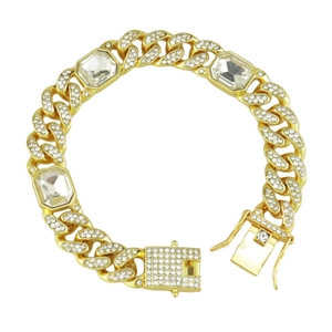 Pulsera cubana dorada estilo hip hop con grandes cristales octagonales y pedrería