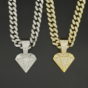 Collier Pendentif en Forme de Diamant Hip Hop Iced Out Alliage Strass Chaîne à Maillons Cubains Plaqué Or Argent Bijoux Hommes Femmes