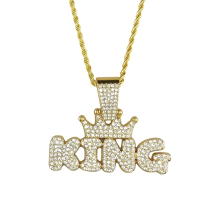 Collana con ciondolo a corona KING placcata in oro hip-hop con pavé di strass lucidi