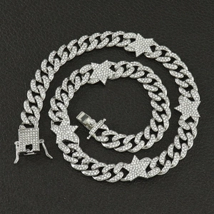 Iced out Cuban link necklace with five-pointed star pendants in silver hip hop style