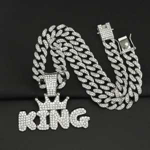 Collana cubana d'argento hip hop con ciondolo corona KING e cristalli