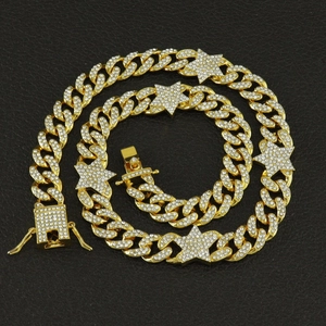 Gold-plated hip hop Cuban link chain necklace with iced-out star charms and sparkling stones