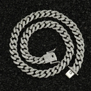 Men's silver iced out Cuban chain with white zircon stones and box clasp closure