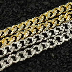 Hip hop Cuban link chains in gold with rhinestones and polished silver stainless steel