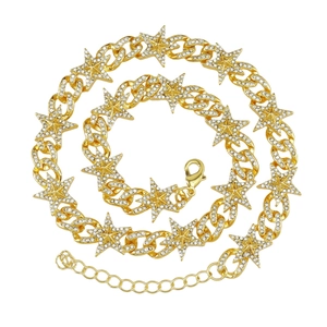 Collier chaîne cubaine hip hop dorée avec étoiles pentagrammes glacées et fermoir homard