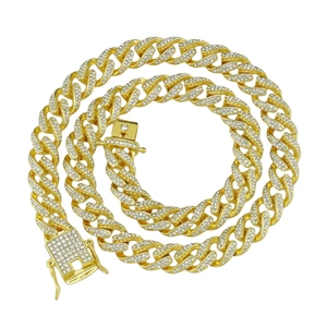 Iced out gold Miami Cuban link chain necklace with pave rhinestones for men hip hop style