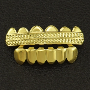 Hip hop gold plated dental grills with diamond cut ripple texture for top and bottom teeth