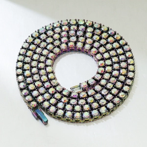Macro detail of rainbow tennis chain with iridescent rhinestones in circular layout