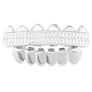 Polished silver hip hop grillz set with cross diamond pattern texture for upper and lower teeth