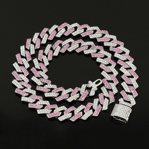 Collier Chaîne Cubaine Iced Out Hip Hop Alliage Incrusté de Strass Tons Argent Accents Rose Bleu Bijoux pour Hommes Femmes