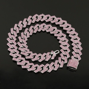 Chaîne cubaine 15mm sertie de diamants roses avec finition argentée pour style hip hop